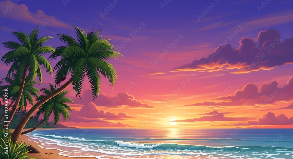 Obraz premium A breathtaking tropical beach sunset with silhouetted palm trees over the sea