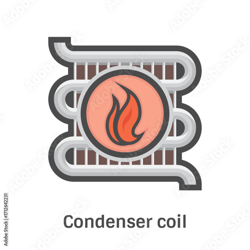 Heating coil panel vector icon, omponent for heat ventilation from fluid or refrigerant in HVAC systems and automotive radiators. To temperature regulation and energy transfer in heating and cooling.
