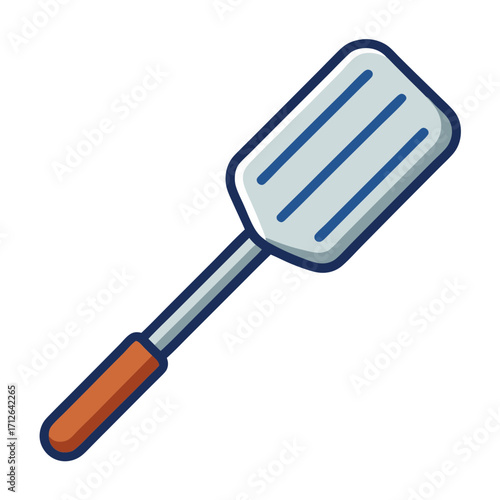Simple flat spatula kitchen utensil with orange handle and blue slits