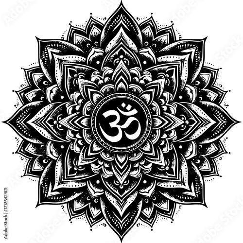 Mystical Mandala Design: Intricate mandala design, symbolizing peace and balance, adorned with the Om symbol, representing the essence of spiritual connection.