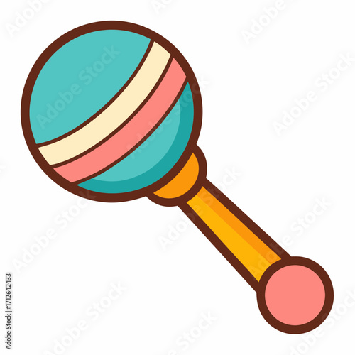 Colorful cartoon baby rattle with stripes and a round handle