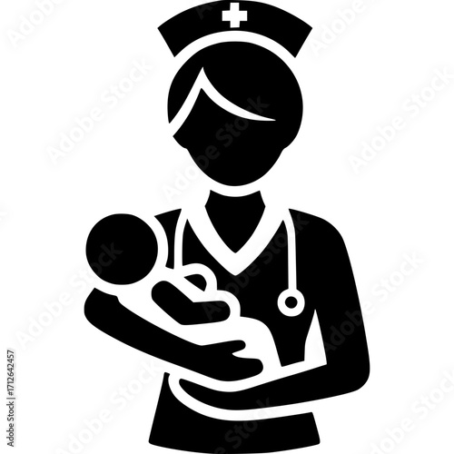 Caring Silhouette: A nurse's tender embrace cradles a newborn baby, embodying the essence of care, compassion, and the miracle of life in a minimalist icon.