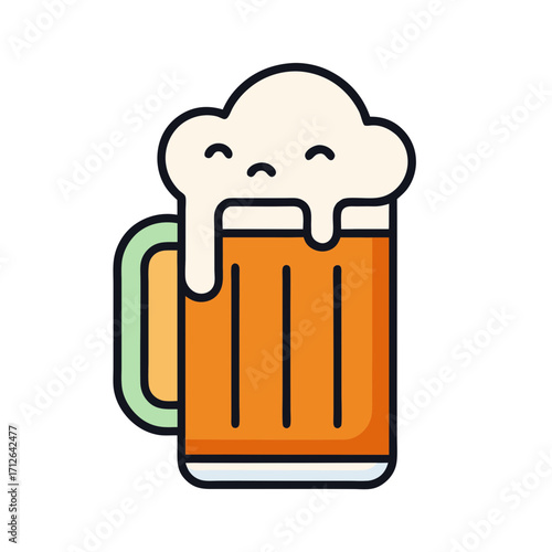 Cute cartoon beer mug with overflowing foam and happy face