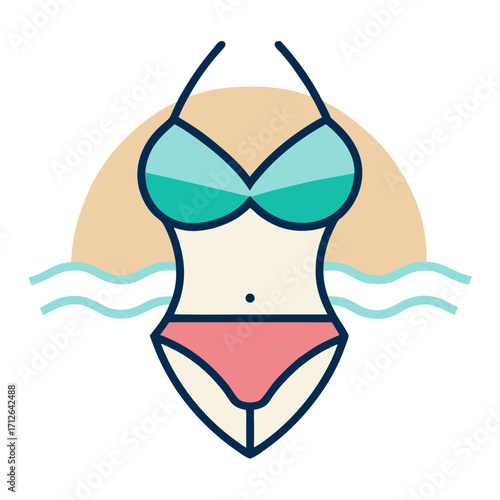 Stylized bikini icon with beach and ocean waves background
