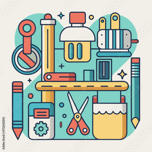 Creative tools and supplies arranged in a whimsical flat design composition