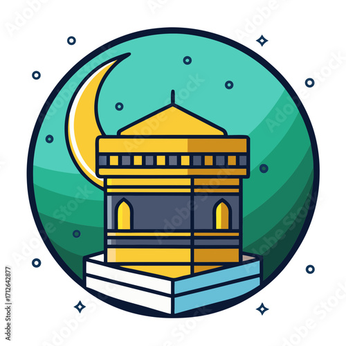 Stylized kaaba and crescent moon illustration for islamic celebrations