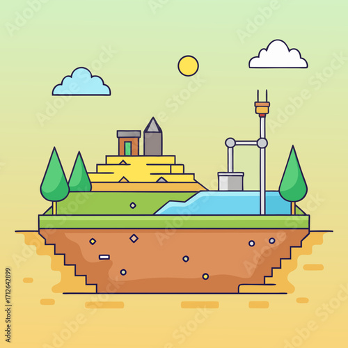 Stylized isometric landscape with ancient ruins and futuristic technology