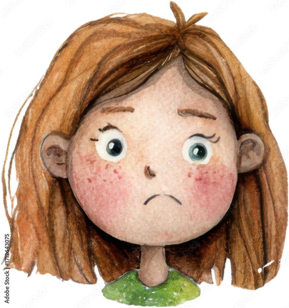 Naklejka premium Sad watercolor illustration of cute girl with brown hair and big eyes. Unhappy cartoon child face showing disappointment and worry