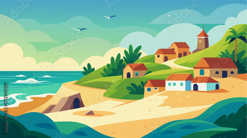 A tranquil village surrounded by lush greenery and sandy dunes where the only sounds are the crashing waves and the cries of seagulls.