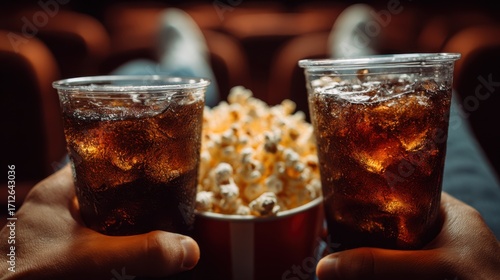 Selective focus shot of unrecognizable Black man holding plastic cup with cola drink at cinema