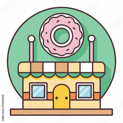 Charming donut shop with a giant donut sign above