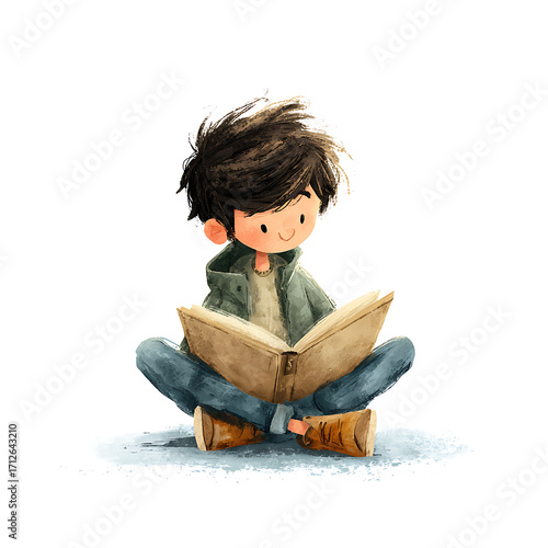 A boy sitting cross-legged on the floor reading a book, isolated on white background.
