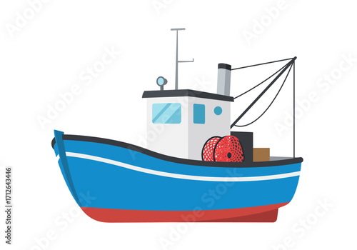A blue and red fishing boat with a white cabin and nets