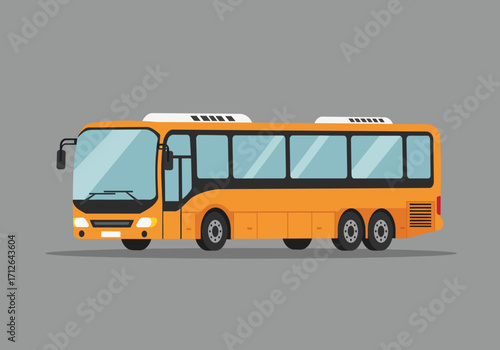 A bright orange bus with black accents and blue windows is shown