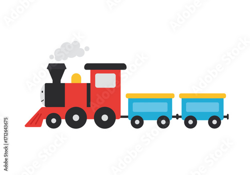 A cartoon red steam train with two blue carriages on a white background