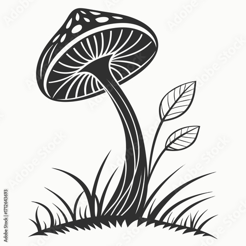 Vector art of amanita mushroom with grass and leaves in black and white vector art