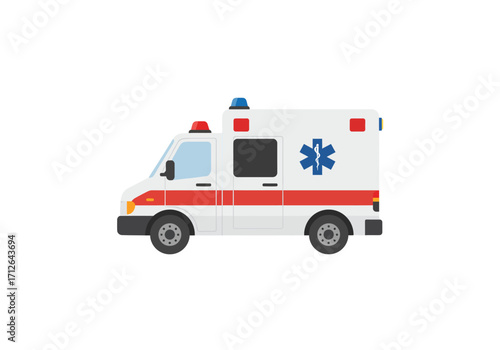 A cartoon ambulance with red and blue lights side doors and a blue star of life symbol