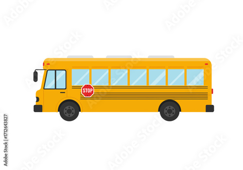 A flat illustration of a yellow school bus with a stop sign on the side