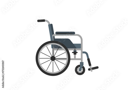A gray and blue wheelchair with large rear wheels and small front wheels