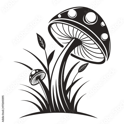Vector art of two black and white mushrooms with grass, a simple and elegant design