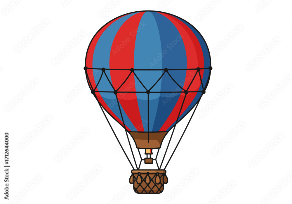 Naklejka premium A red and blue striped hot air balloon with a woven basket