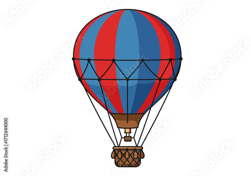A red and blue striped hot air balloon with a woven basket