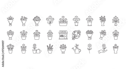 Flower Icon Set  Floral Elements Pots Bouquet Florist Shop Line Art Vector Illustration