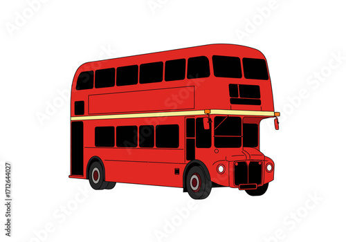 A red doubledecker bus with black windows on a white background