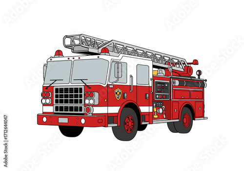 A red and white fire truck with a ladder on top shown from the side