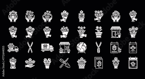 Flower Shop Icons Set  Bouquet Plant Delivery Truck Scissors Gardening Tools Vector Illustration