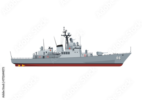 A side profile illustration of a grey warship with a red waterline