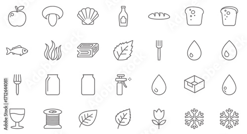 Food Icons Set  Apple Fish Bread Water Bottle Leaf Shell Fork and Other Culinary Elements