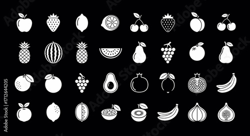 Fruit Icons Set  Apple Strawberry Lemon Cherry Peach Pineapple Watermelon Pear Banana Grape