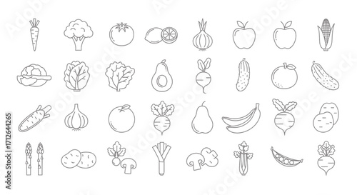 Fruits and Vegetables Line Icons Set Healthy Food Illustration Organic Produce Vector Graphics