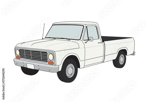 A white illustrated pickup truck viewed from a threequarter front perspective against a plain white background