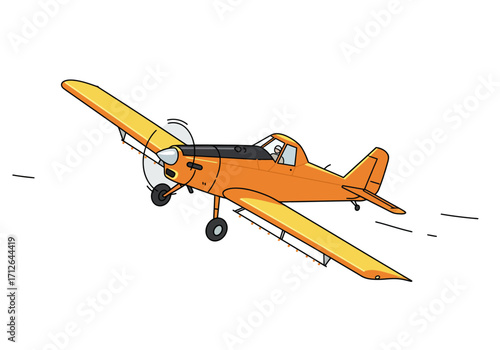 An orange and yellow crop duster airplane flying