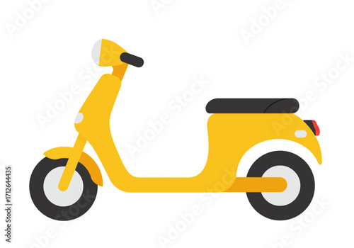 A yellow scooter with black handlebars seat and wheels on a white background