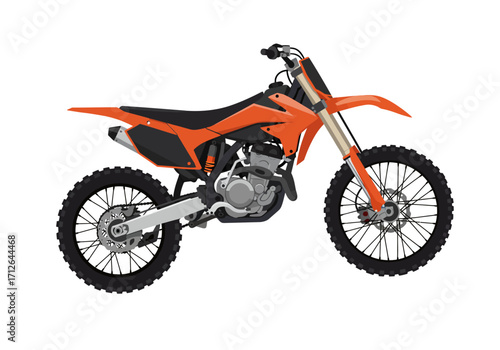 An orange dirt bike with black accents on a white background