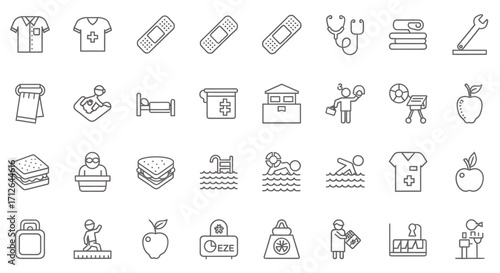 Healthcare Icons Set  Medical Symbols First Aid Kit Hospital Food and Wellness Vector Illustrations