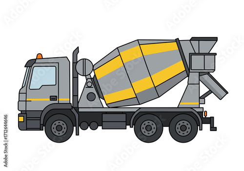 Gray cement mixer truck with yellow stripes and orange light