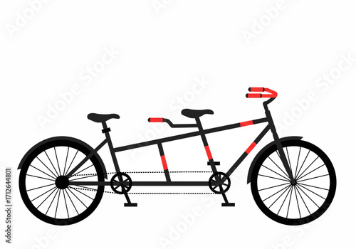 Tandem bicycle with red accents on a white background