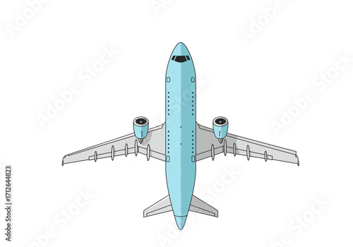 Topdown view of a light blue airplane with silver wings