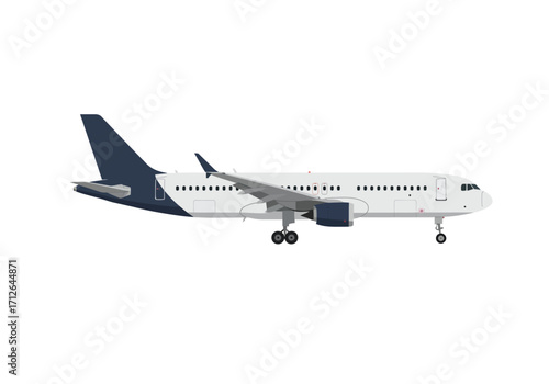 White passenger airplane with dark blue tail wings and engine nacelles