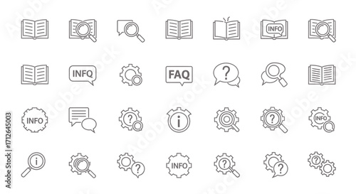 Information Icon Set Book FAQ Question Mark Gear Icons Search Symbol Help Vector Illustration
