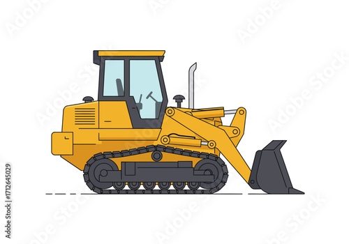 Yellow tracked loader with a bucket on a white background