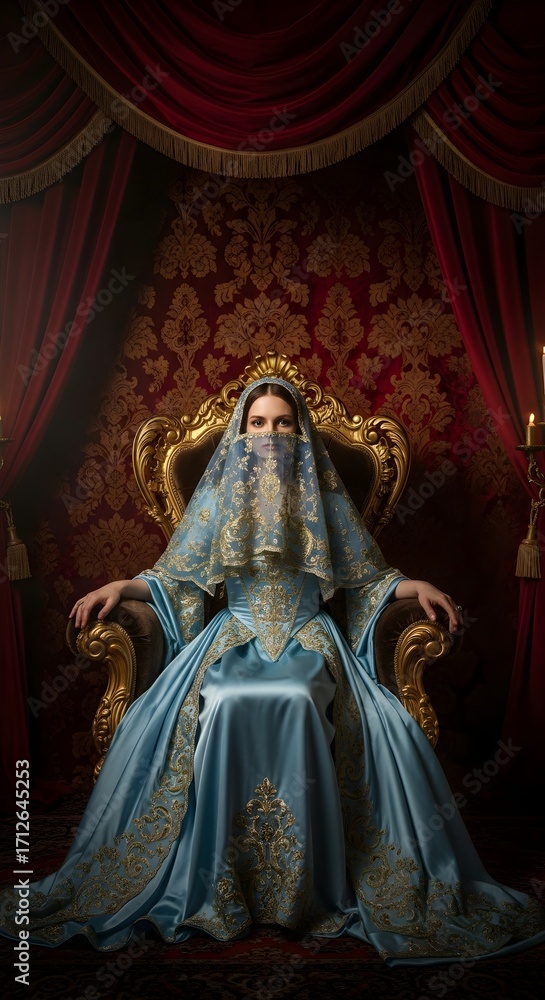 Fototapeta premium Elegant Woman in a Blue Gown Sitting on a Golden Throne