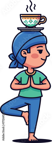 Person in yoga tree pose balancing a hot cup of coffee on head