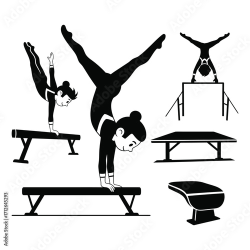 Illustration of gymnasts performing handstands on balance beams and other gymnastic equipment pieces