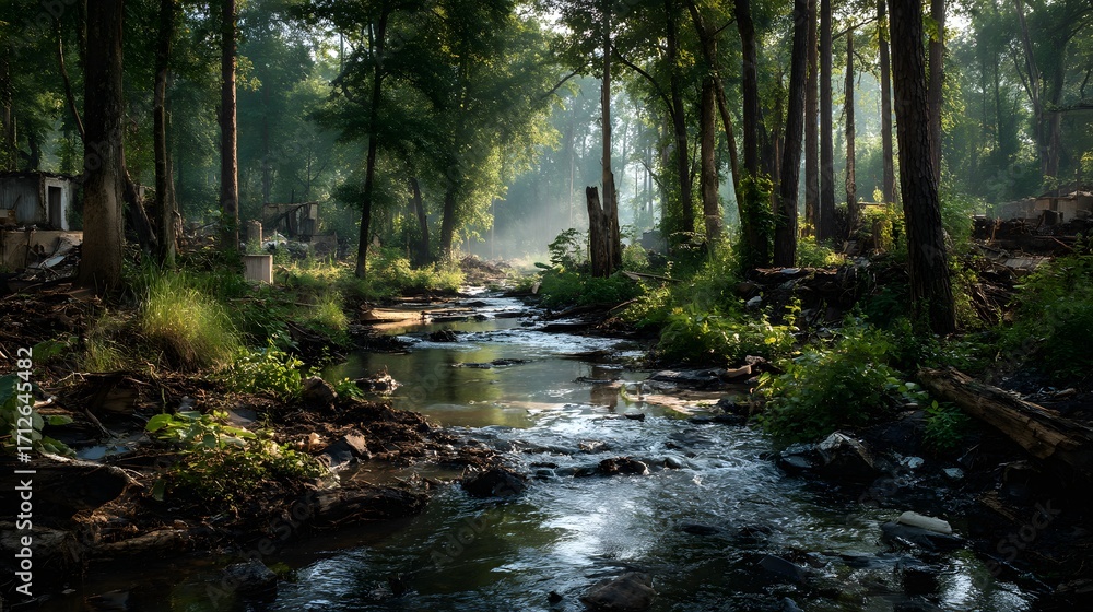 Obraz premium Tranquil Forest Stream with Sunlight Through Tall Green Trees