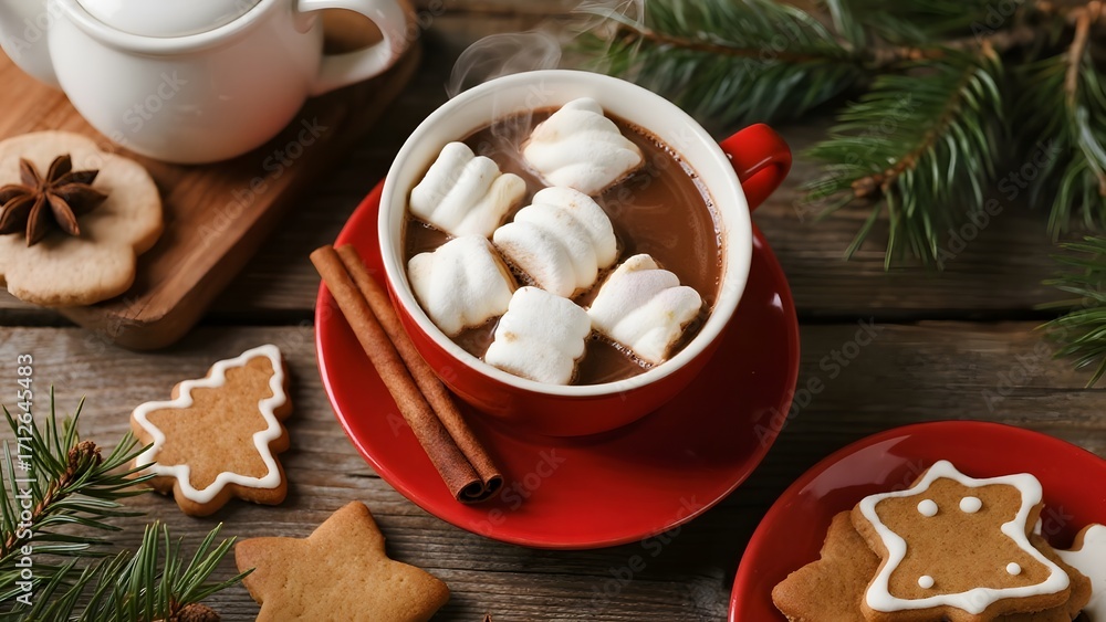 Fototapeta premium Cozy christmas hot chocolate with marshmallows and gingerbread cookies